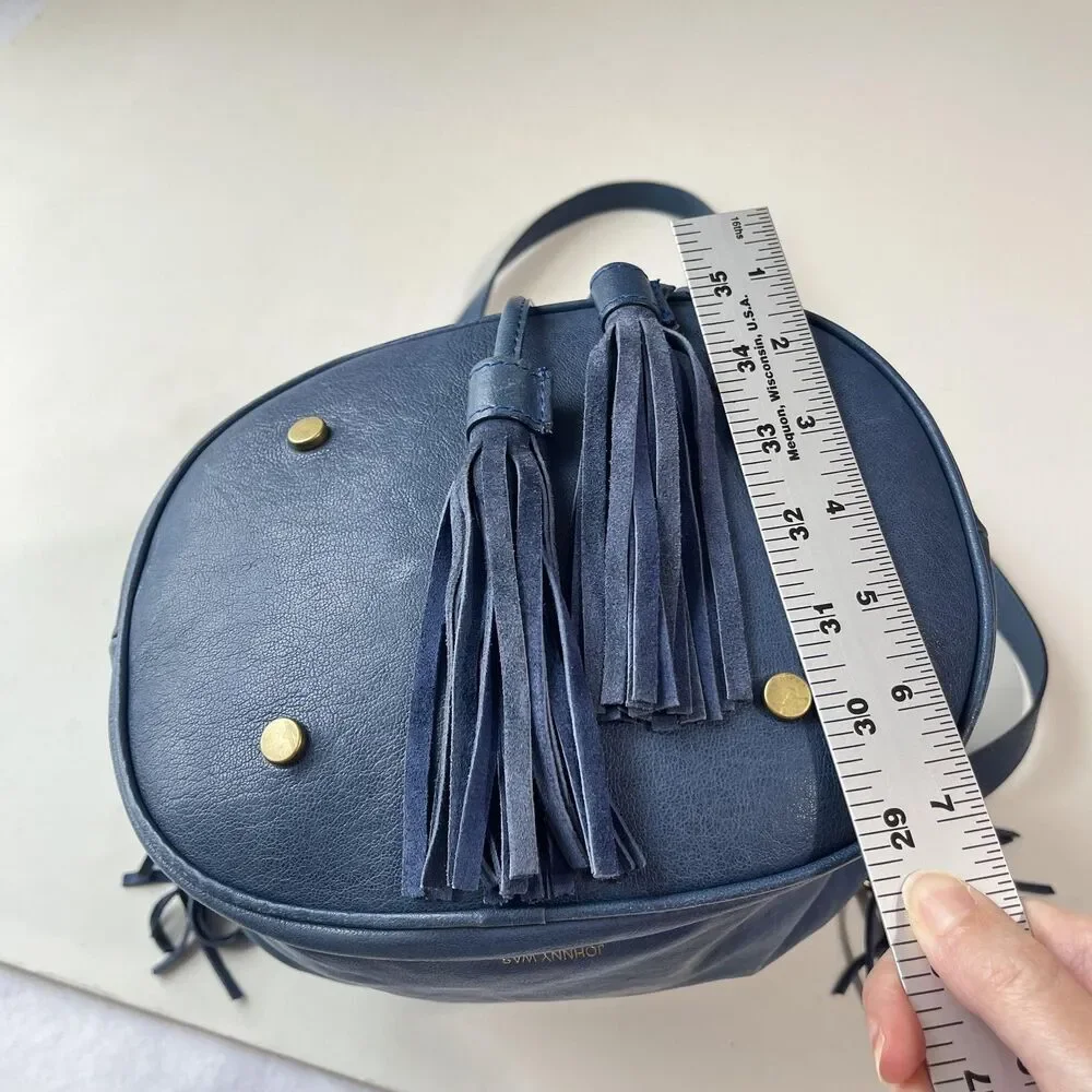 Johnny Was Leather Bucket Bag Womens Small Blue Fringe Boho Crossbody Italy Made